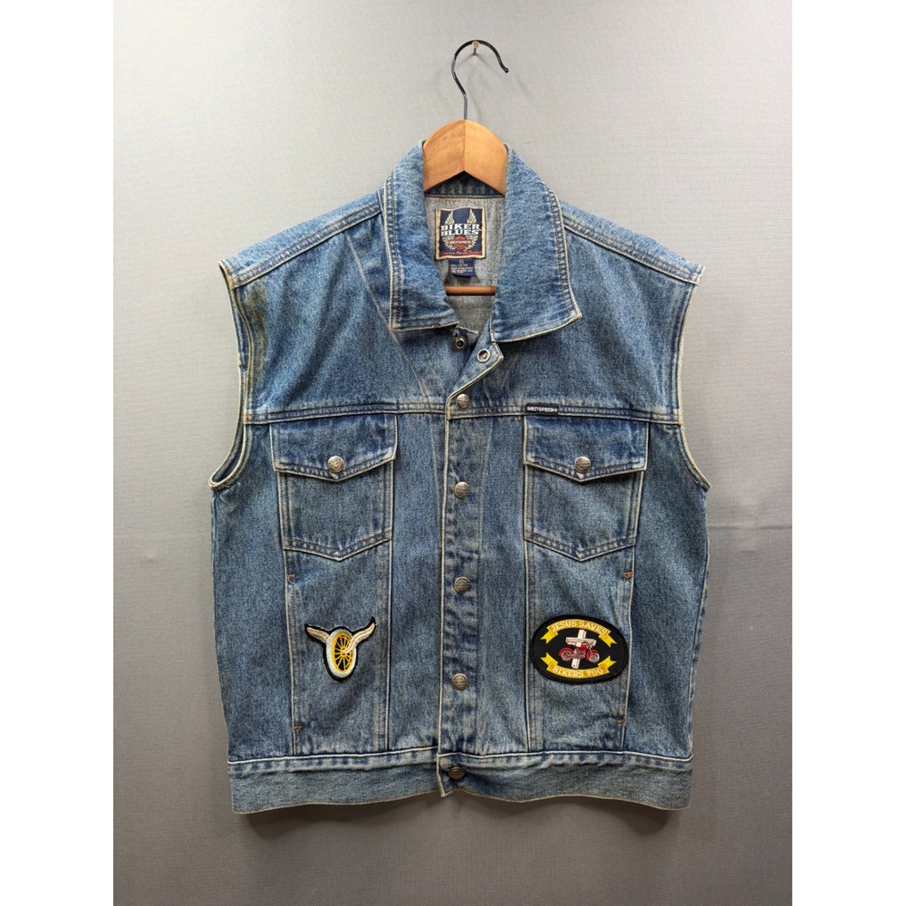 Harley-Davidson Biker Blues Denim Vest Mens Blue Vintage Custom Patches XS